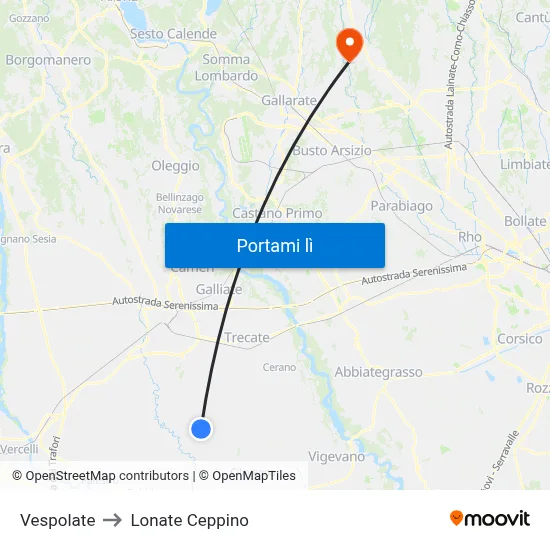 Vespolate to Lonate Ceppino map