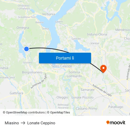 Miasino to Lonate Ceppino map
