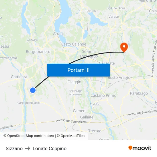 Sizzano to Lonate Ceppino map