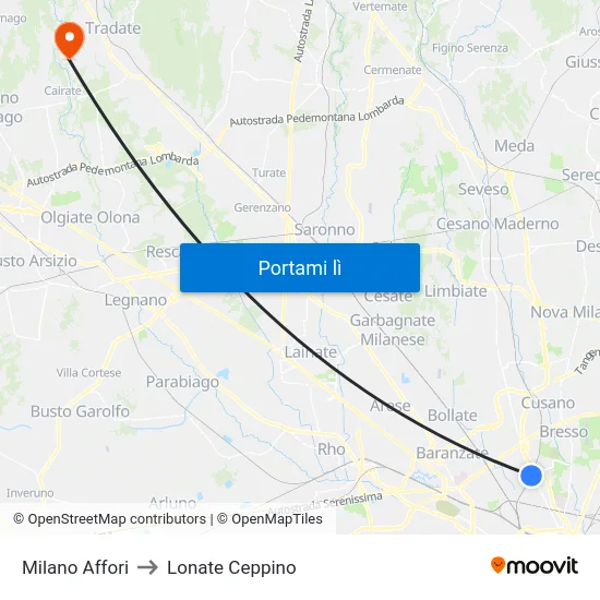 Milano Affori to Lonate Ceppino map