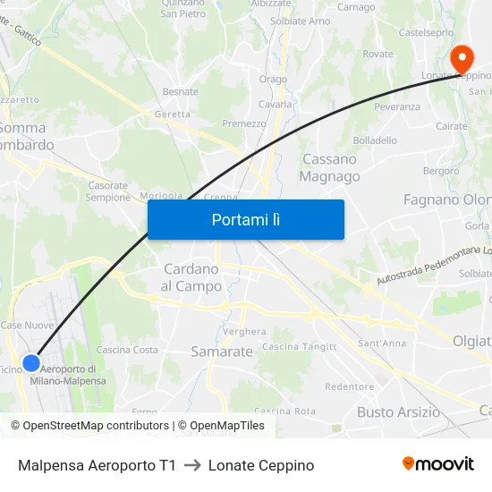 Malpensa Aeroporto T1 to Lonate Ceppino map