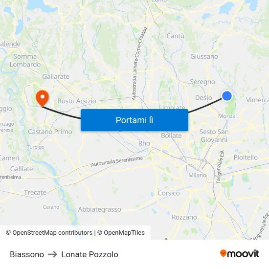 Biassono to Lonate Pozzolo map
