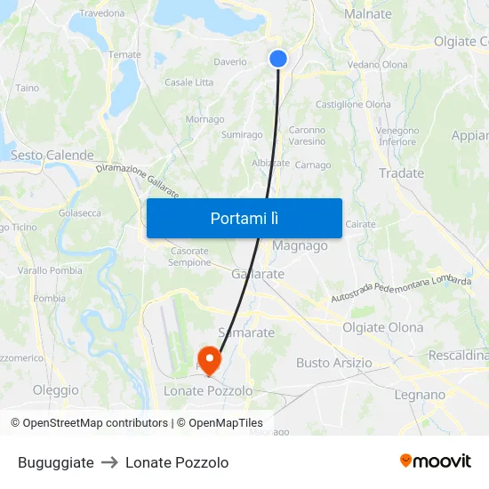 Buguggiate to Lonate Pozzolo map