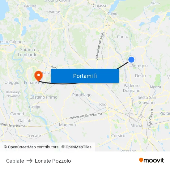 Cabiate to Lonate Pozzolo map
