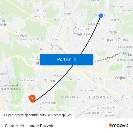 Cairate to Lonate Pozzolo map