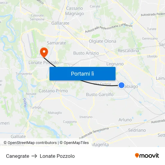 Canegrate to Lonate Pozzolo map