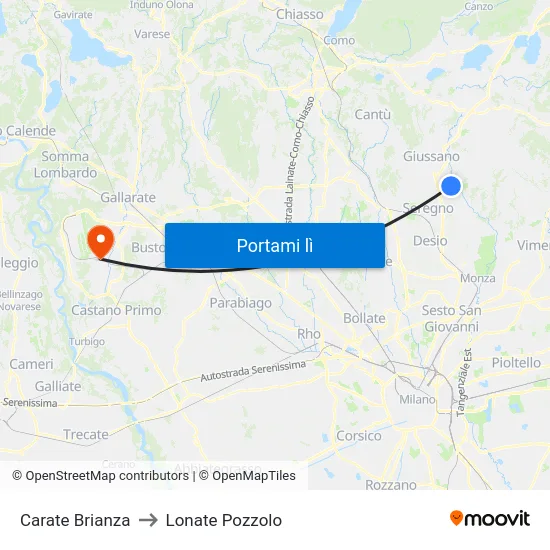 Carate Brianza to Lonate Pozzolo map