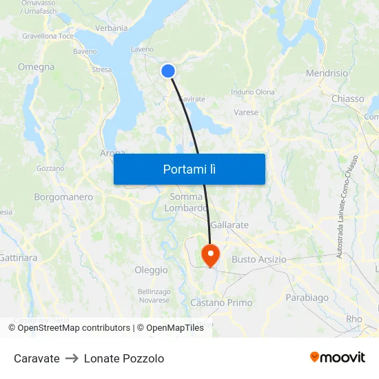 Caravate to Lonate Pozzolo map