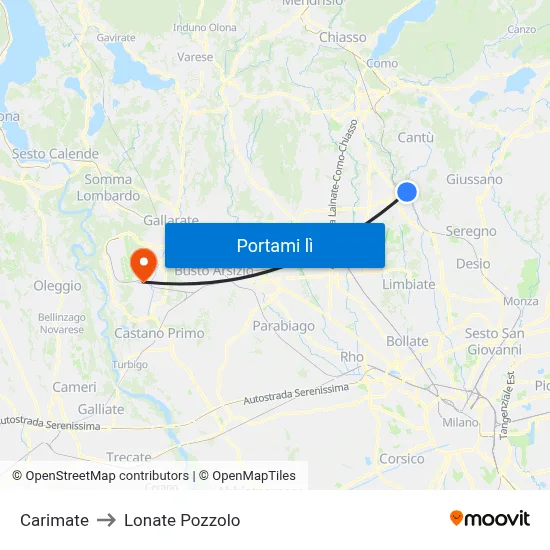Carimate to Lonate Pozzolo map