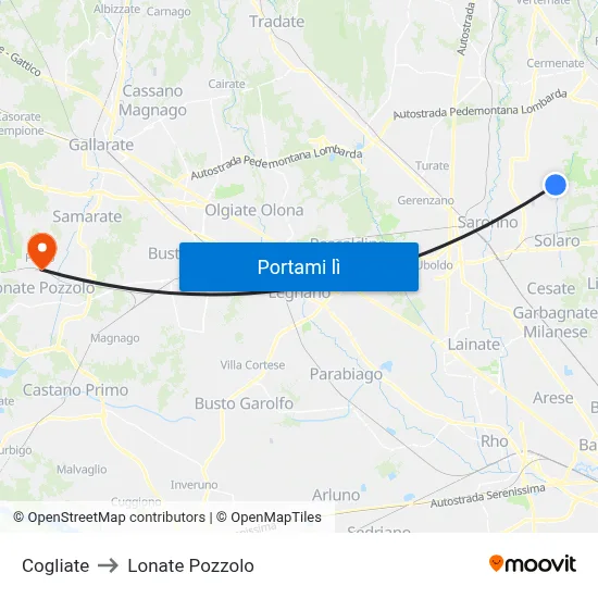 Cogliate to Lonate Pozzolo map
