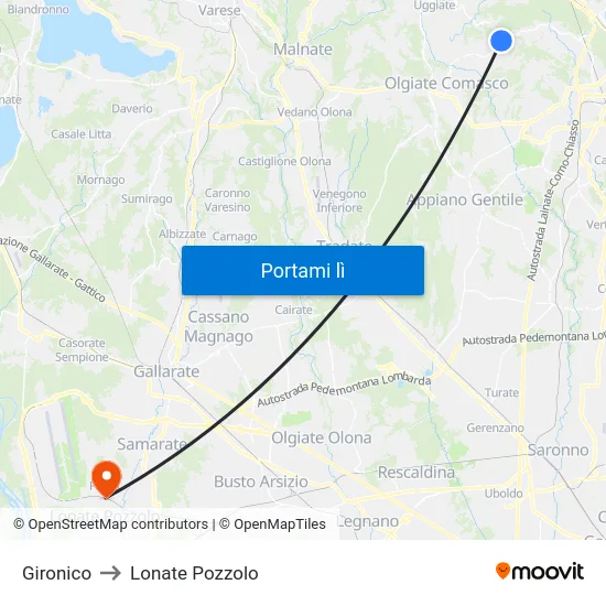 Gironico to Lonate Pozzolo map