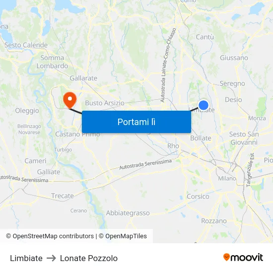 Limbiate to Lonate Pozzolo map