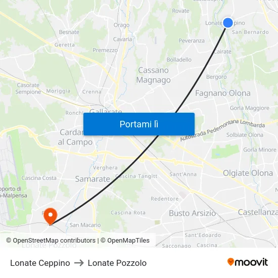Lonate Ceppino to Lonate Pozzolo map