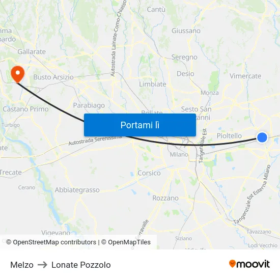 Melzo to Lonate Pozzolo map