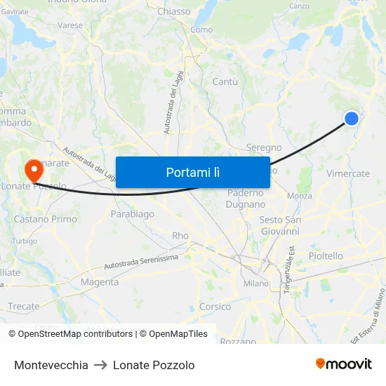 Montevecchia to Lonate Pozzolo map