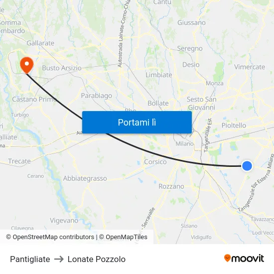 Pantigliate to Lonate Pozzolo map