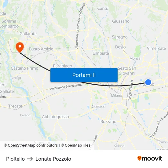 Pioltello to Lonate Pozzolo map