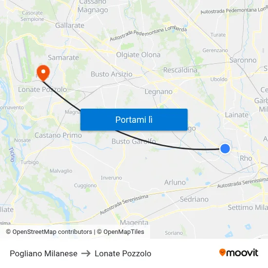 Pogliano Milanese to Lonate Pozzolo map