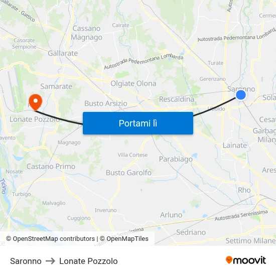 Saronno to Lonate Pozzolo map
