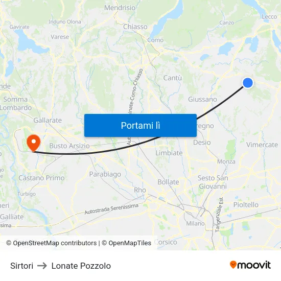 Sirtori to Lonate Pozzolo map