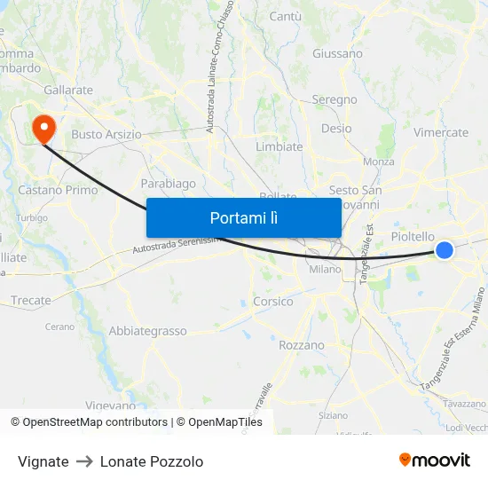Vignate to Lonate Pozzolo map