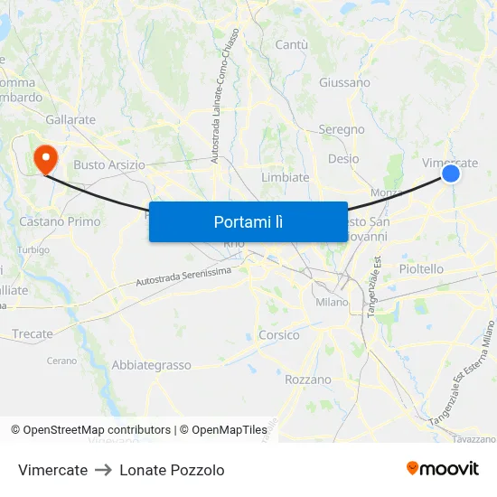 Vimercate to Lonate Pozzolo map