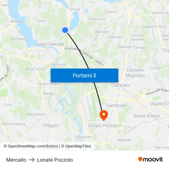 Mercallo to Lonate Pozzolo map