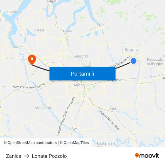 Zanica to Lonate Pozzolo map