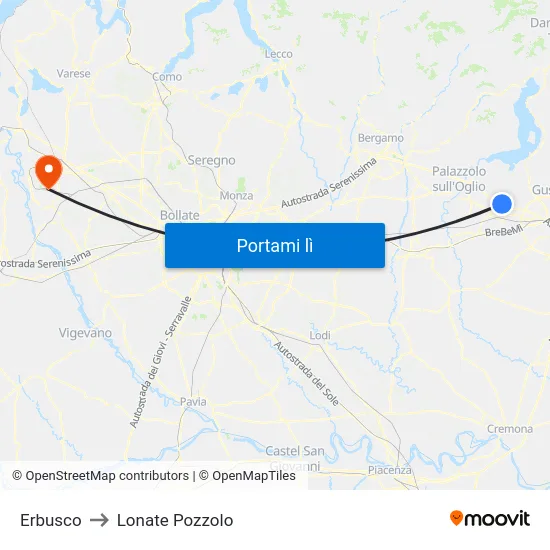 Erbusco to Lonate Pozzolo map