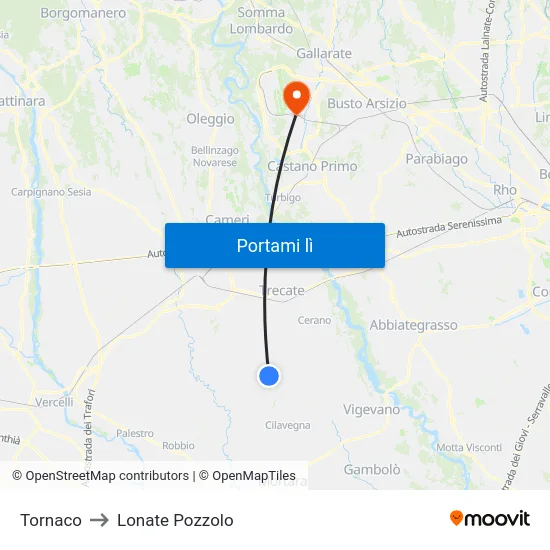 Tornaco to Lonate Pozzolo map