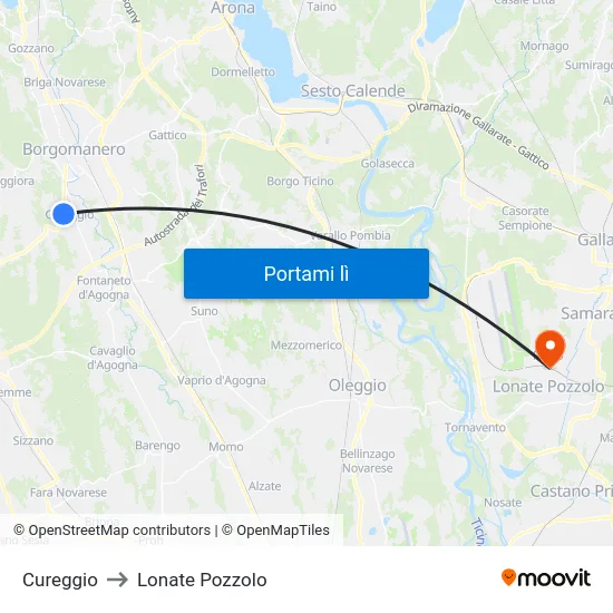 Cureggio to Lonate Pozzolo map