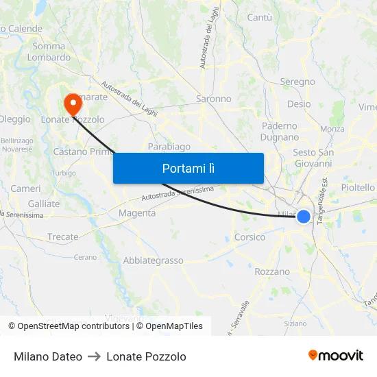 Milano Dateo to Lonate Pozzolo map