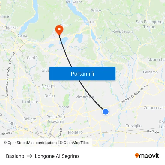Basiano to Longone Al Segrino map