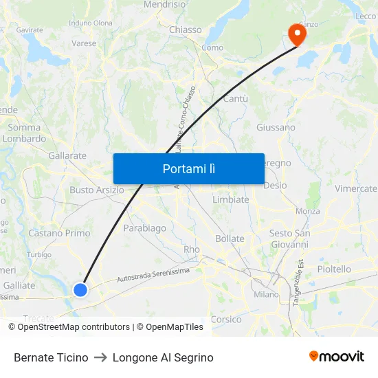 Bernate Ticino to Longone Al Segrino map