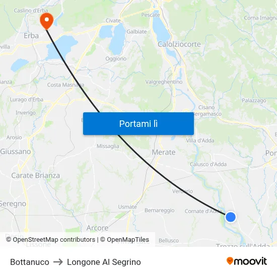 Bottanuco to Longone Al Segrino map