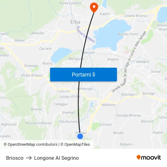 Briosco to Longone Al Segrino map