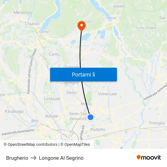 Brugherio to Longone Al Segrino map