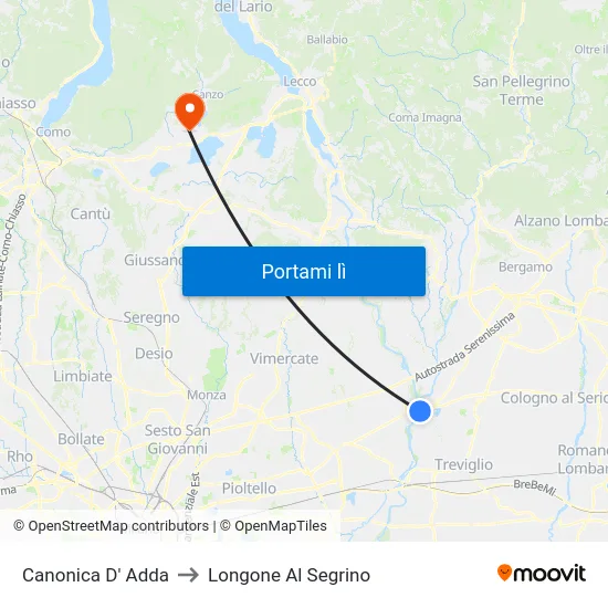 Canonica D' Adda to Longone Al Segrino map