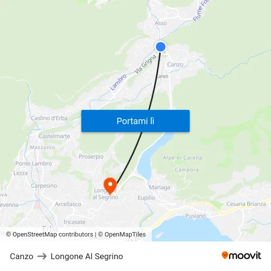Canzo to Longone Al Segrino map