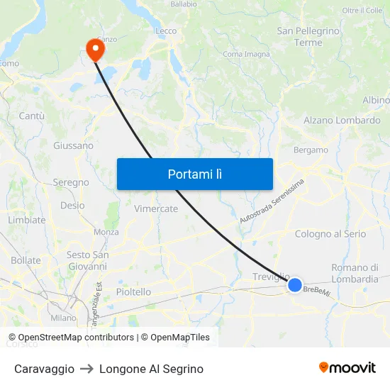 Caravaggio to Longone Al Segrino map