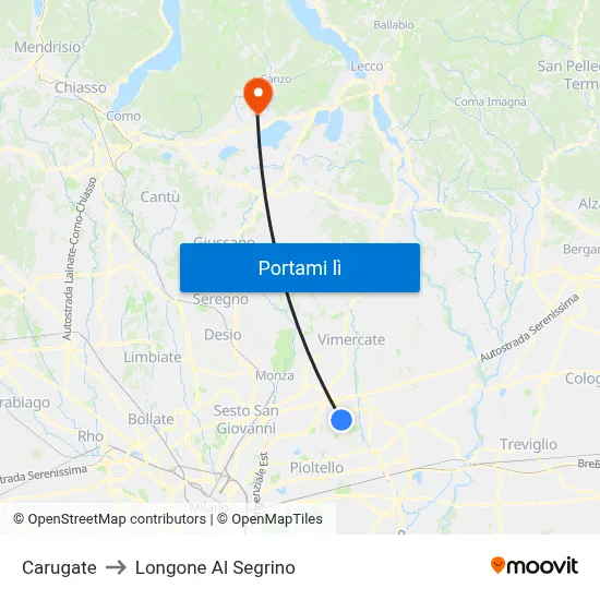 Carugate to Longone Al Segrino map