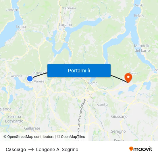 Casciago to Longone Al Segrino map
