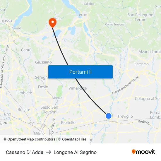 Cassano D' Adda to Longone Al Segrino map