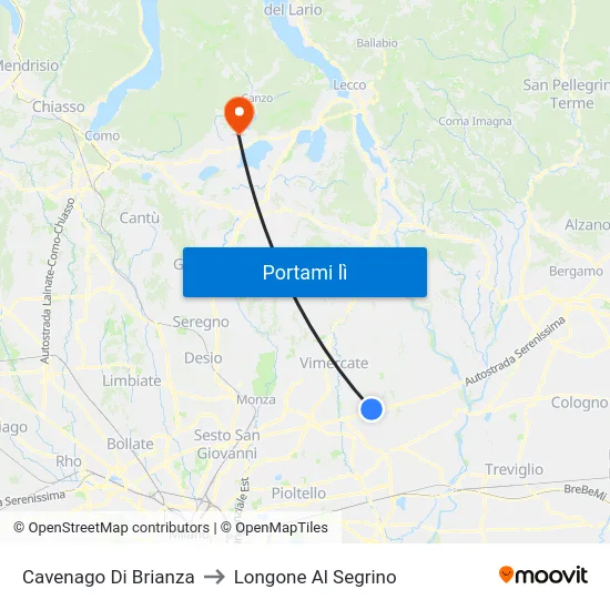 Cavenago Di Brianza to Longone Al Segrino map