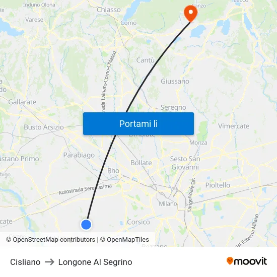 Cisliano to Longone Al Segrino map