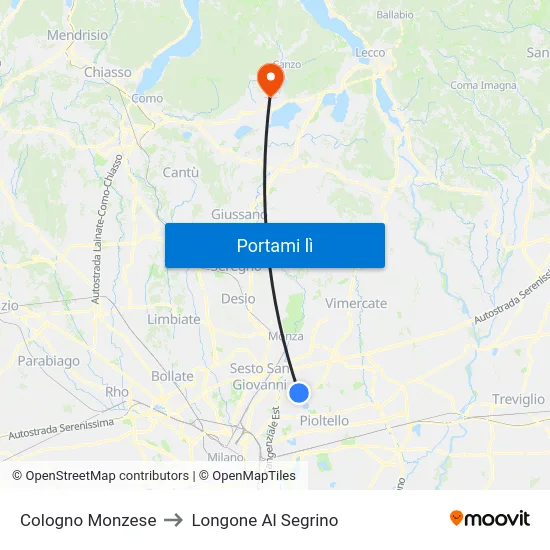 Cologno Monzese to Longone Al Segrino map