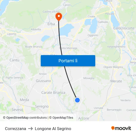 Correzzana to Longone Al Segrino map