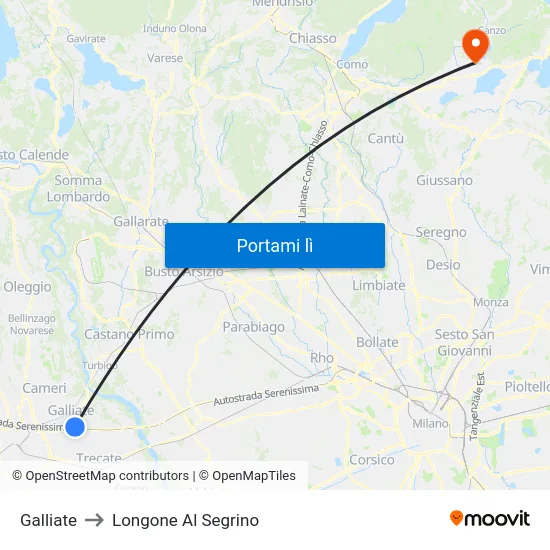 Galliate to Longone Al Segrino map
