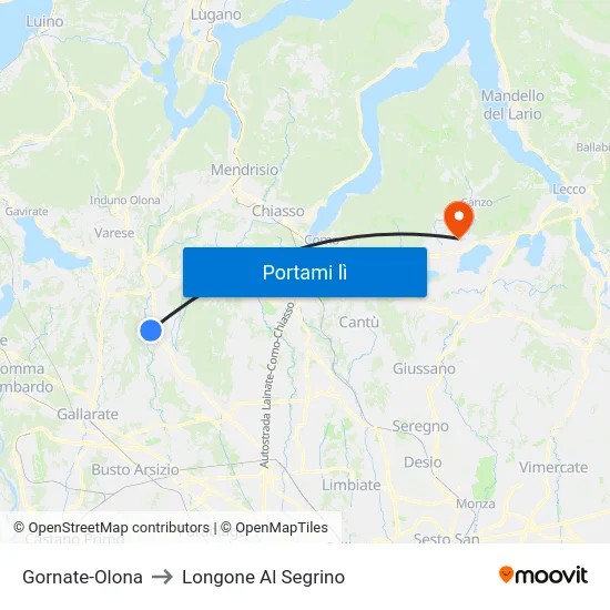 Gornate-Olona to Longone Al Segrino map