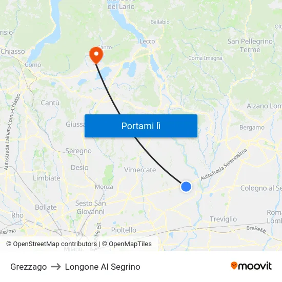 Grezzago to Longone Al Segrino map